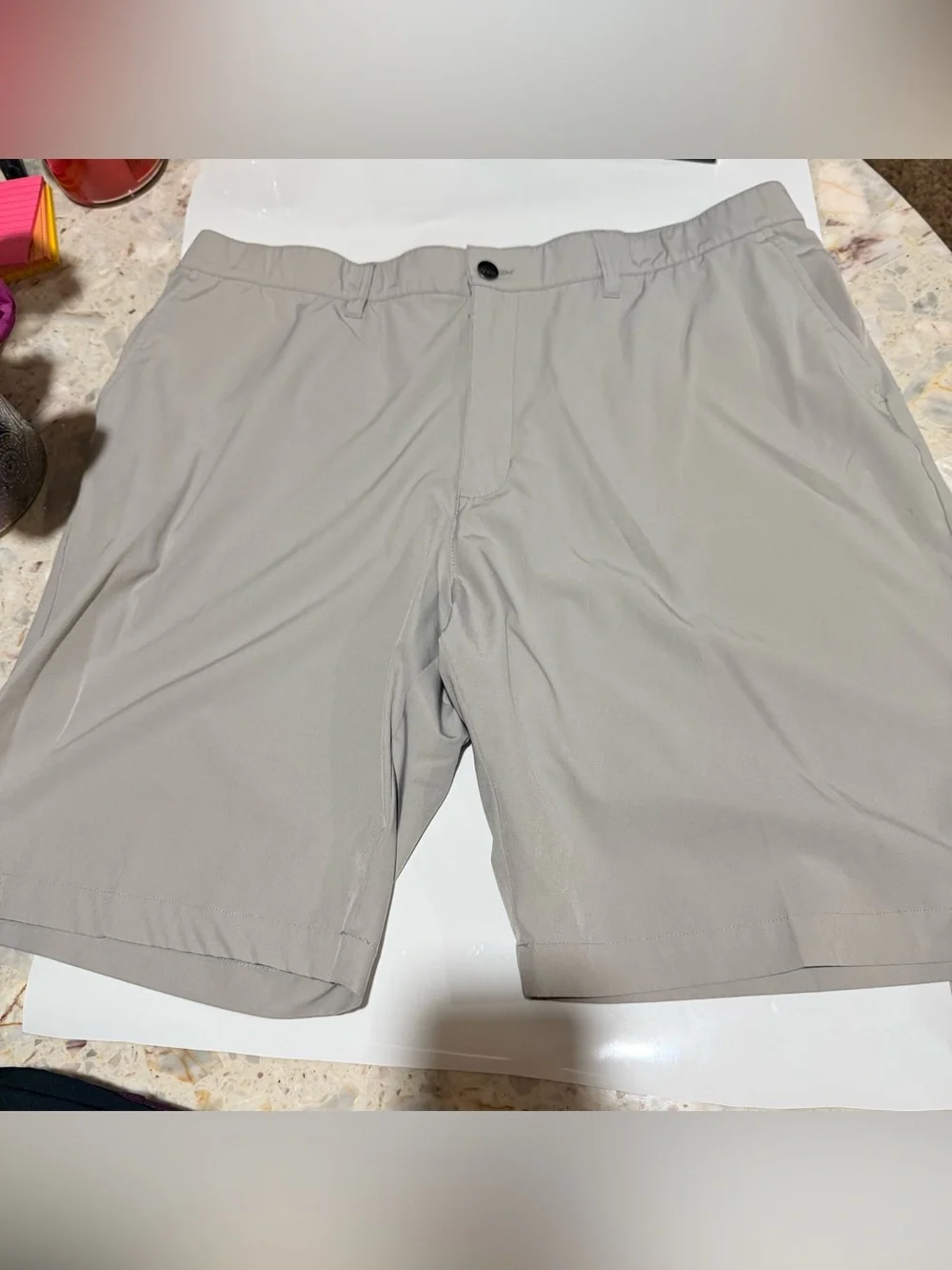 adidas Men’s Gray Solid Chino Shorts Flat Front Logo Button Microfiber
